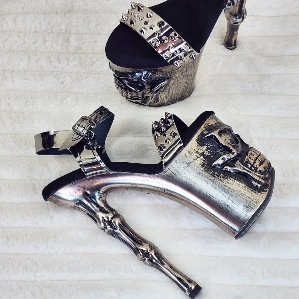 Vortex Pewter Brushed Chrome Skull & Bones Red LED Platform 8" High Heels Shoes - Picture 5 of 15